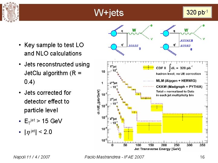 W+jets 320 pb-1 • Key sample to test LO and NLO calculations • Jets
