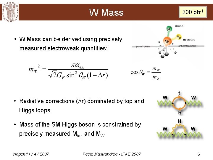 W Mass 200 pb-1 • W Mass can be derived using precisely measured electroweak