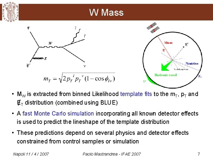 W Mass • MW is extracted from binned Likelihood template fits to the m.
