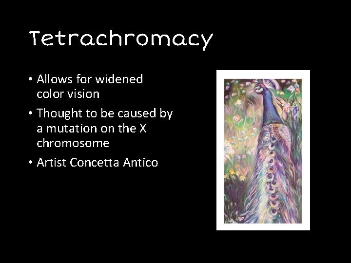 Tetrachromacy • Allows for widened color vision • Thought to be caused by a