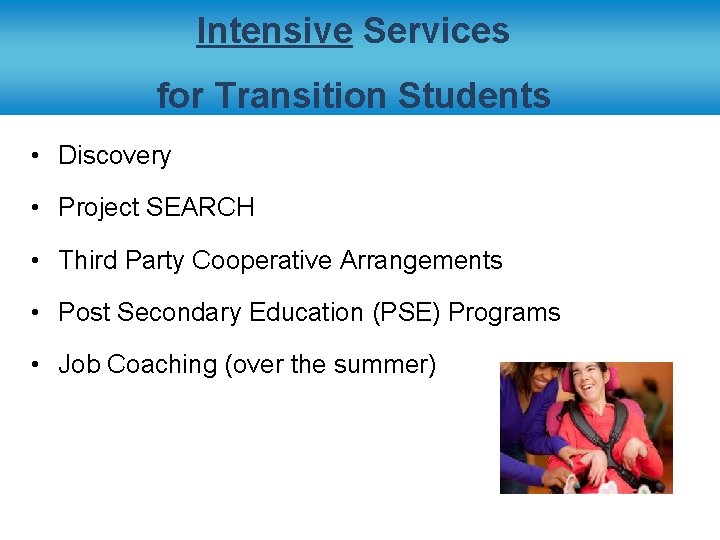 Intensive Services for Transition Students • Discovery • Project SEARCH • Third Party Cooperative