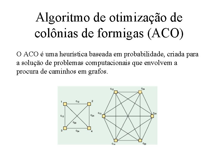 Algoritmo de otimização de colônias de formigas (ACO) O ACO é uma heurística baseada