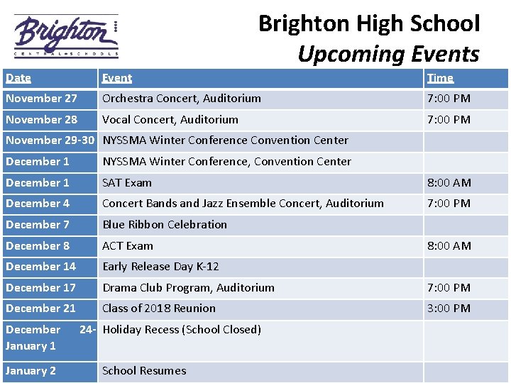 Brighton High School Upcoming Events Date Event Time __________________ November 27 Orchestra Concert, Auditorium