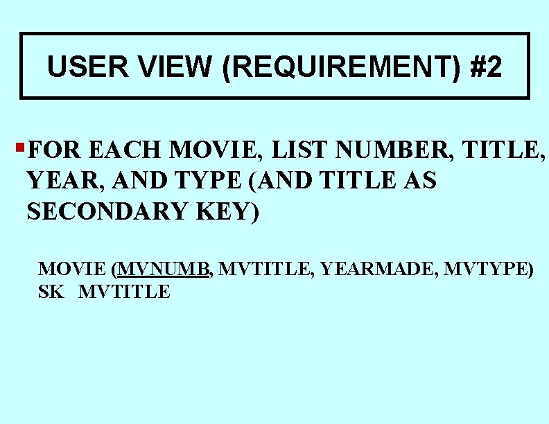 USER VIEW (REQUIREMENT) #2 §FOR EACH MOVIE, LIST NUMBER, TITLE, YEAR, AND TYPE (AND USER VIEW (REQUIREMENT) #2 §FOR EACH MOVIE, LIST NUMBER, TITLE, YEAR, AND TYPE (AND