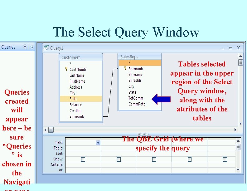 The Select Query Window Queries created will appear here – be sure “Queries ” The Select Query Window Queries created will appear here – be sure “Queries ”