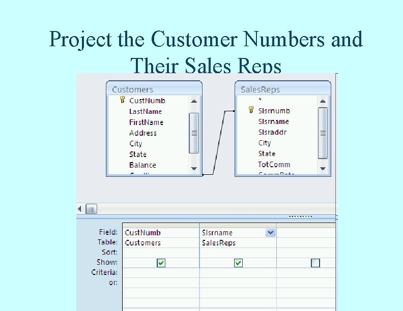 Project the Customer Numbers and Their Sales Reps Project the Customer Numbers and Their Sales Reps