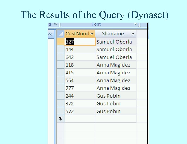 The Results of the Query (Dynaset) The Results of the Query (Dynaset)