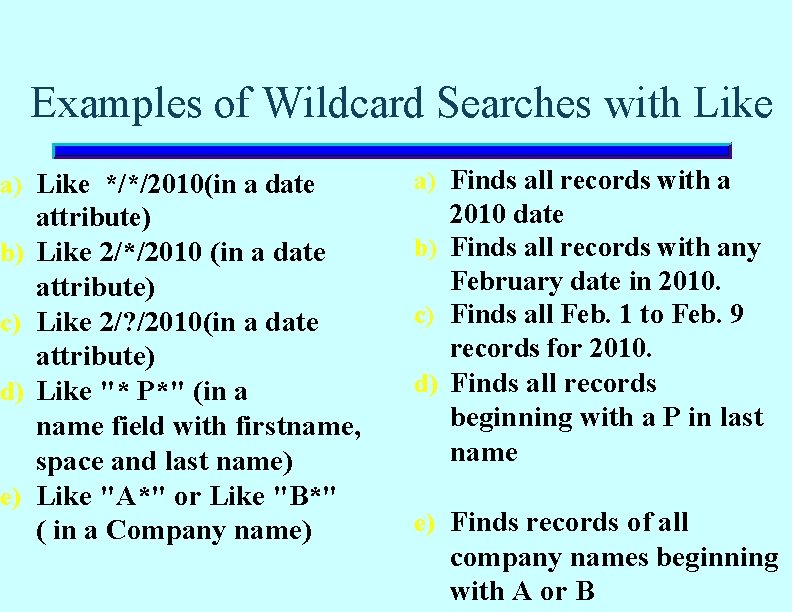 Examples of Wildcard Searches with Like a) Like */*/2010(in a date b) c) d) Examples of Wildcard Searches with Like a) Like */*/2010(in a date b) c) d)