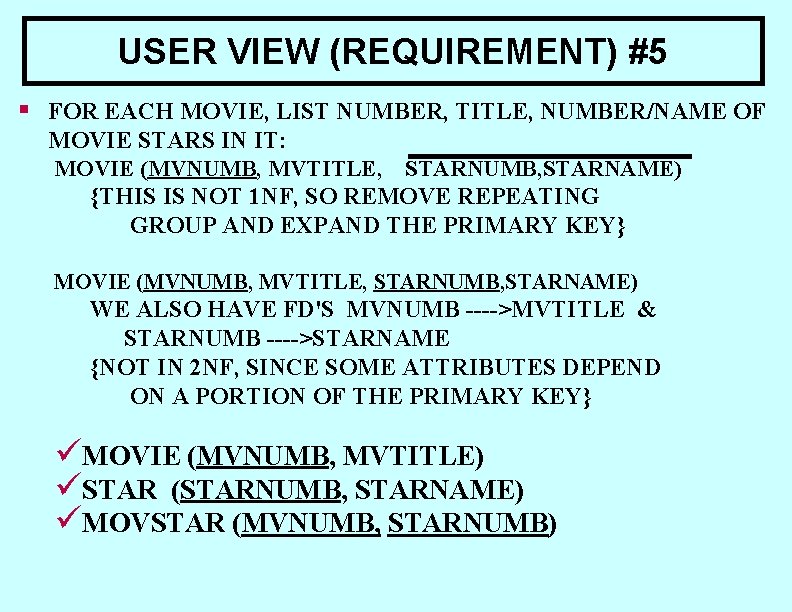 USER VIEW (REQUIREMENT) #5 § FOR EACH MOVIE, LIST NUMBER, TITLE, NUMBER/NAME OF MOVIE USER VIEW (REQUIREMENT) #5 § FOR EACH MOVIE, LIST NUMBER, TITLE, NUMBER/NAME OF MOVIE