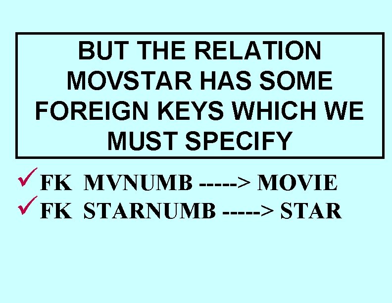 BUT THE RELATION MOVSTAR HAS SOME FOREIGN KEYS WHICH WE MUST SPECIFY üFK MVNUMB BUT THE RELATION MOVSTAR HAS SOME FOREIGN KEYS WHICH WE MUST SPECIFY üFK MVNUMB