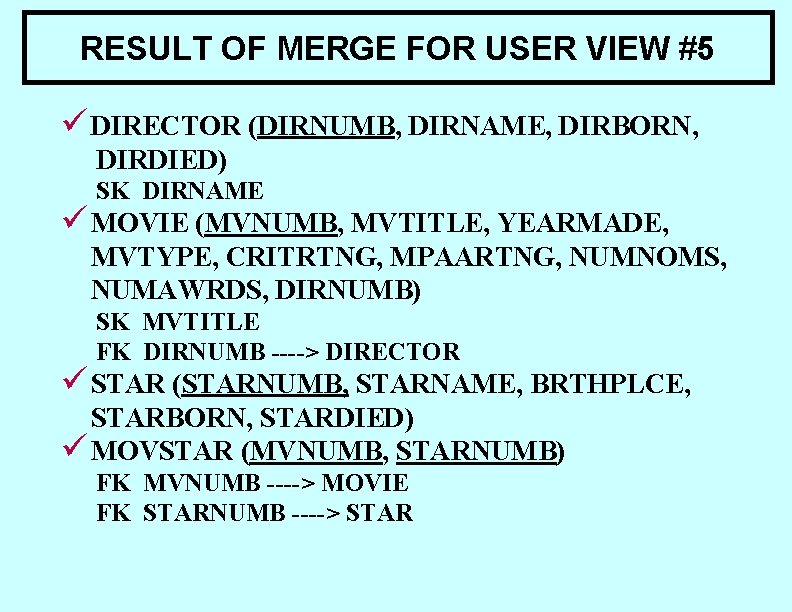 RESULT OF MERGE FOR USER VIEW #5 ü DIRECTOR (DIRNUMB, DIRNAME, DIRBORN, DIRDIED) SK RESULT OF MERGE FOR USER VIEW #5 ü DIRECTOR (DIRNUMB, DIRNAME, DIRBORN, DIRDIED) SK
