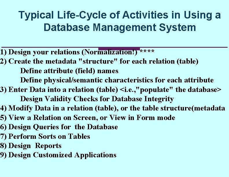 Typical Life-Cycle of Activities in Using a Database Management System 1) Design your relations Typical Life-Cycle of Activities in Using a Database Management System 1) Design your relations