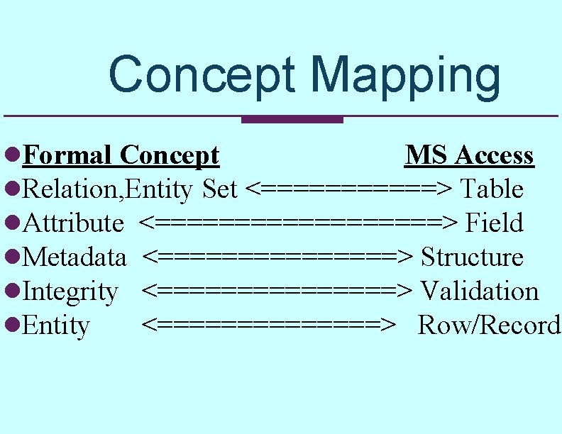 Concept Mapping l. Formal Concept MS Access l. Relation, Entity Set <======> Table l. Concept Mapping l. Formal Concept MS Access l. Relation, Entity Set <======> Table l.