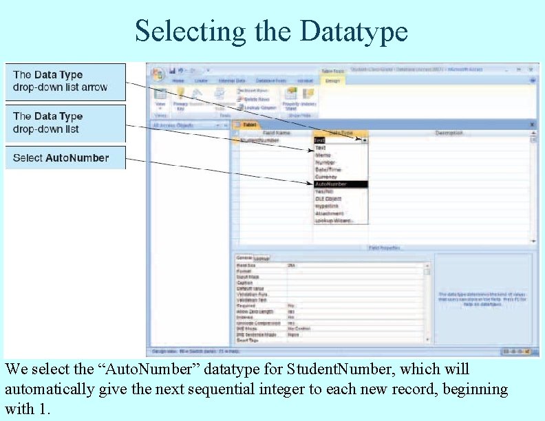 Selecting the Datatype We select the “Auto. Number” datatype for Student. Number, which will Selecting the Datatype We select the “Auto. Number” datatype for Student. Number, which will
