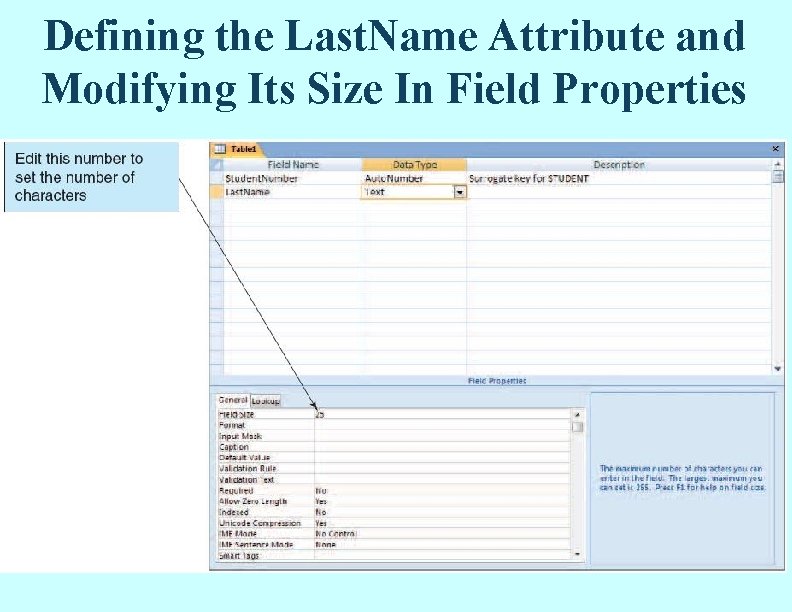Defining the Last. Name Attribute and Modifying Its Size In Field Properties Defining the Last. Name Attribute and Modifying Its Size In Field Properties