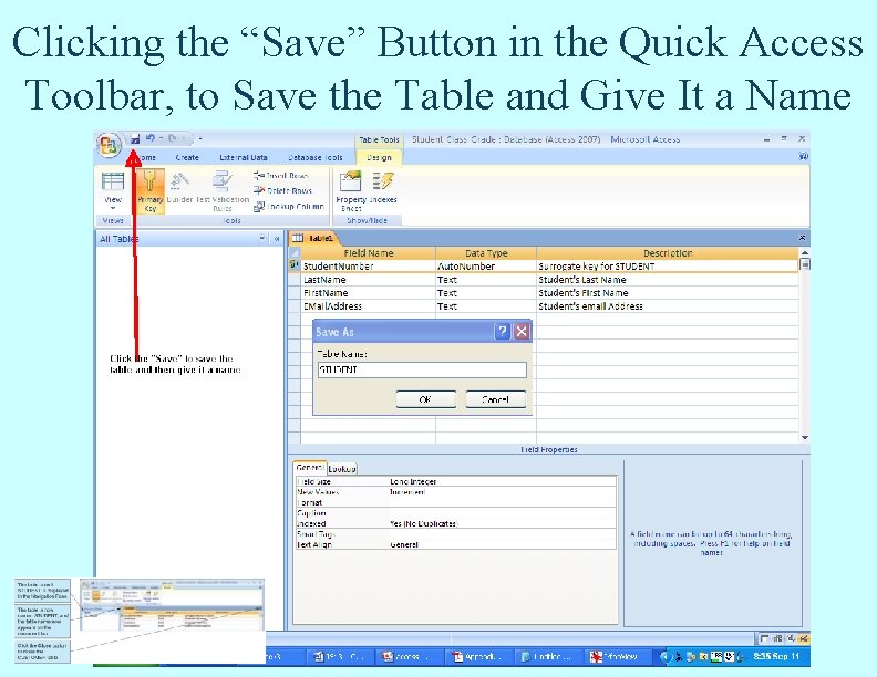 Clicking the “Save” Button in the Quick Access Toolbar, to Save the Table and Clicking the “Save” Button in the Quick Access Toolbar, to Save the Table and