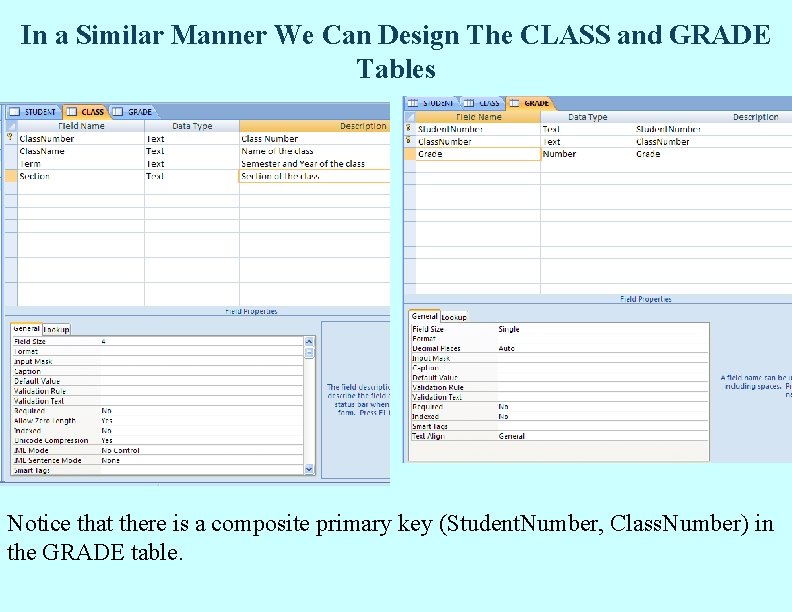 In a Similar Manner We Can Design The CLASS and GRADE Tables Notice that In a Similar Manner We Can Design The CLASS and GRADE Tables Notice that