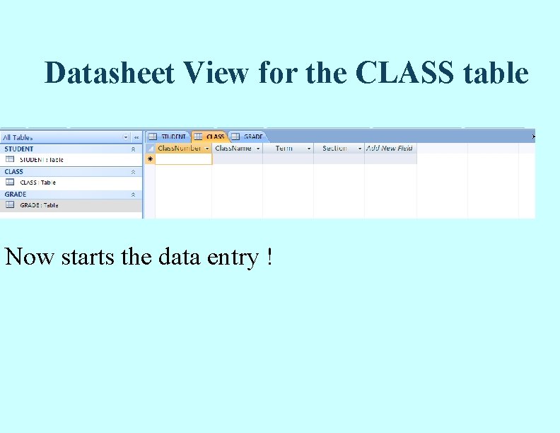 Datasheet View for the CLASS table Now starts the data entry ! Datasheet View for the CLASS table Now starts the data entry !