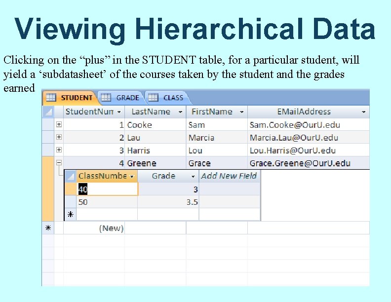 Viewing Hierarchical Data Clicking on the “plus” in the STUDENT table, for a particular Viewing Hierarchical Data Clicking on the “plus” in the STUDENT table, for a particular