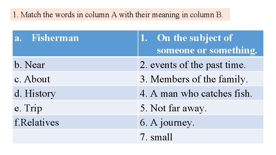 1. Match the words in column A with their meaning in column B. a.