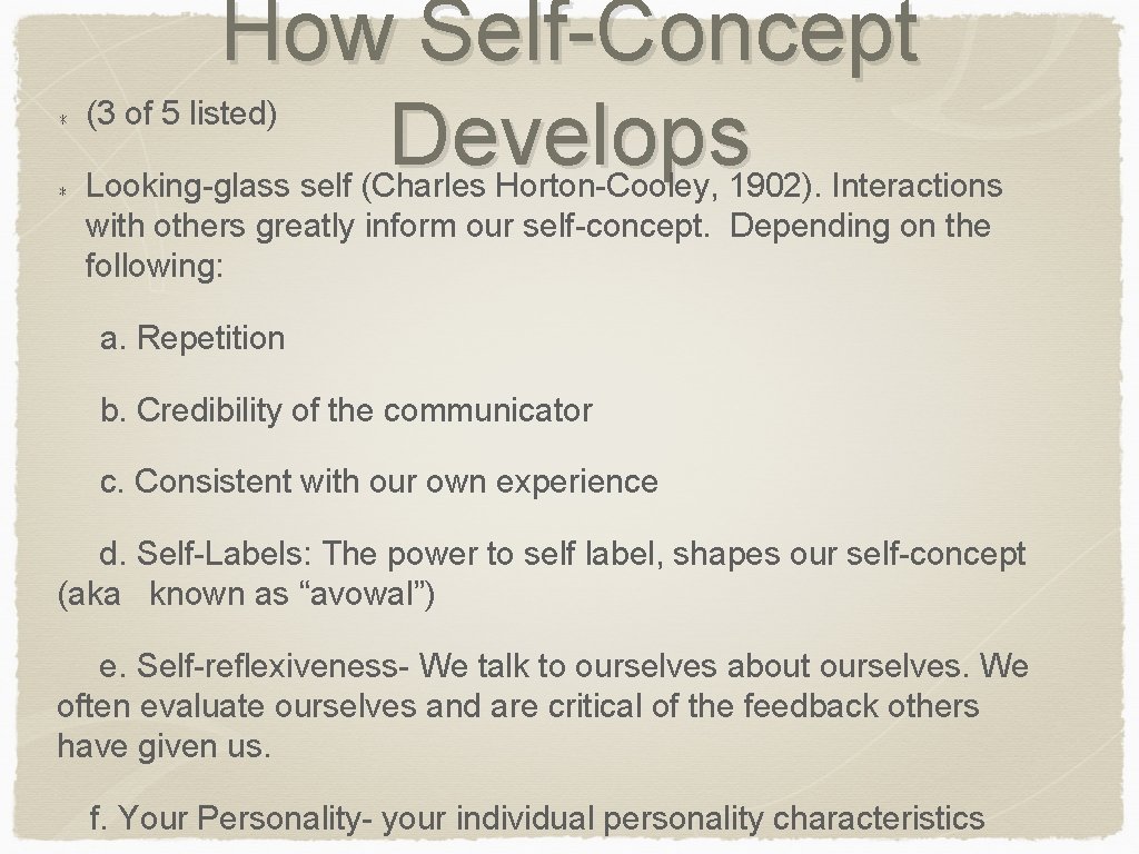 How Self-Concept Develops (3 of 5 listed) Looking-glass self (Charles Horton-Cooley, 1902). Interactions with