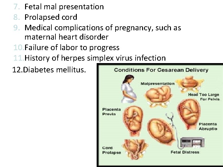 7. Fetal mal presentation 8. Prolapsed cord 9. Medical complications of pregnancy, such as