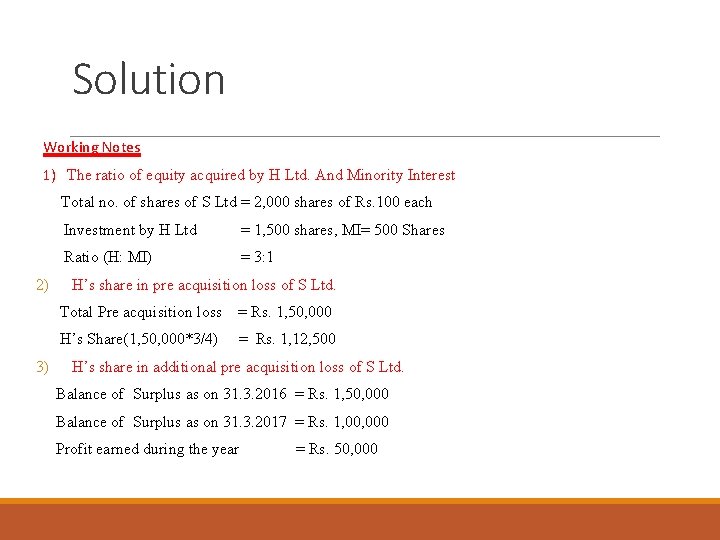 Solution Working Notes 1) The ratio of equity acquired by H Ltd. And Minority