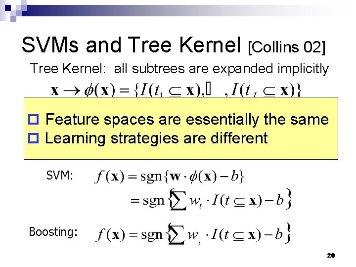 SVMs and Tree Kernel [Collins 02] Tree Kernel: all subtrees are expanded implicitly a