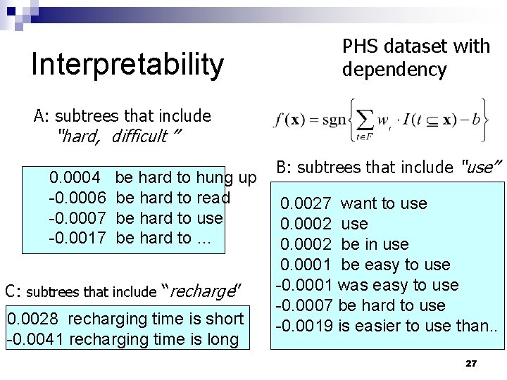 Interpretability PHS dataset with dependency A: subtrees that include “hard, difficult ” 0. 0004 Interpretability PHS dataset with dependency A: subtrees that include “hard, difficult ” 0. 0004
