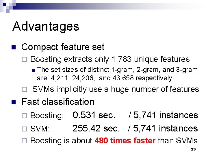 Advantages n Compact feature set ¨ Boosting extracts only 1, 783 unique features n Advantages n Compact feature set ¨ Boosting extracts only 1, 783 unique features n