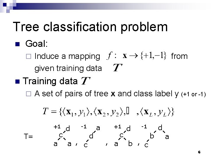 Tree classification problem n Goal: ¨ n Induce a mapping given training data from Tree classification problem n Goal: ¨ n Induce a mapping given training data from