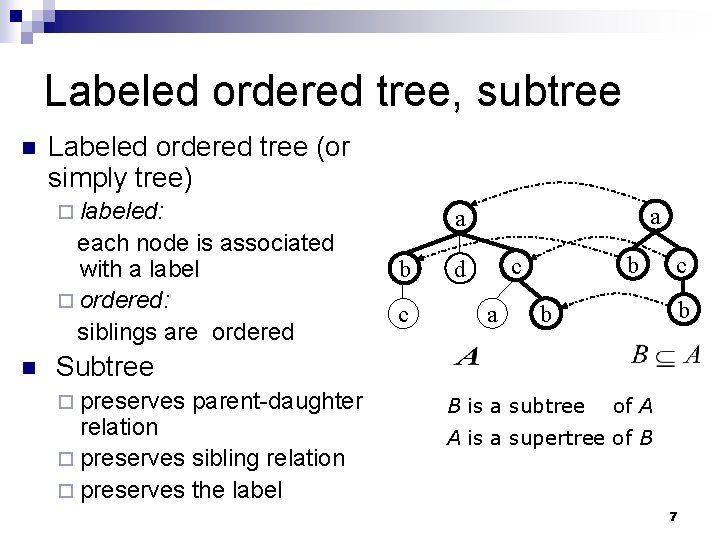Labeled ordered tree, subtree n Labeled ordered tree (or simply tree) ¨ labeled: each Labeled ordered tree, subtree n Labeled ordered tree (or simply tree) ¨ labeled: each