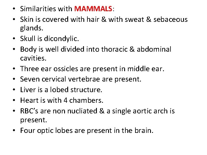  • Similarities with MAMMALS: • Skin is covered with hair & with sweat