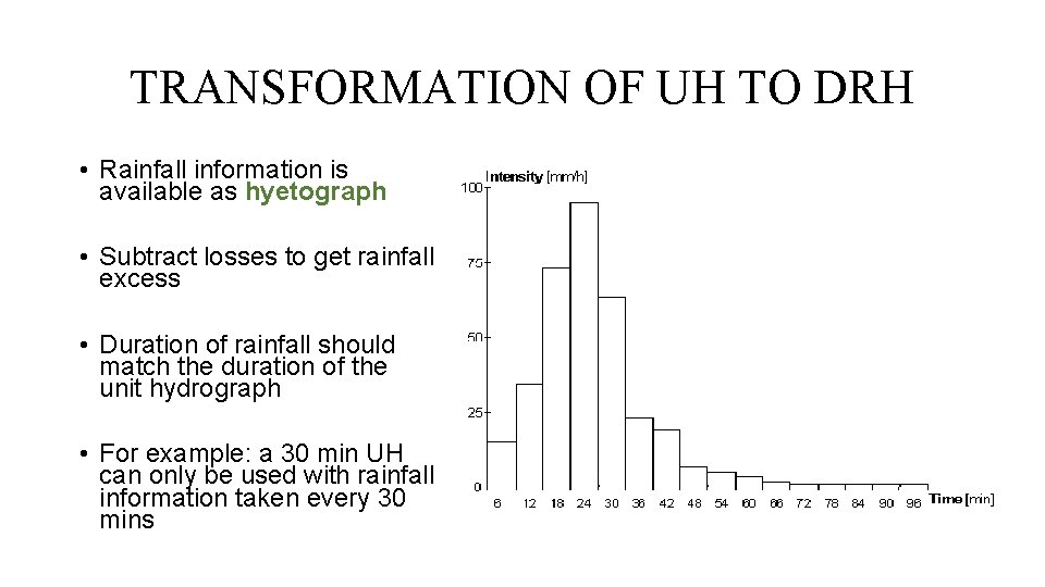TRANSFORMATION OF UH TO DRH • Rainfall information is available as hyetograph • Subtract