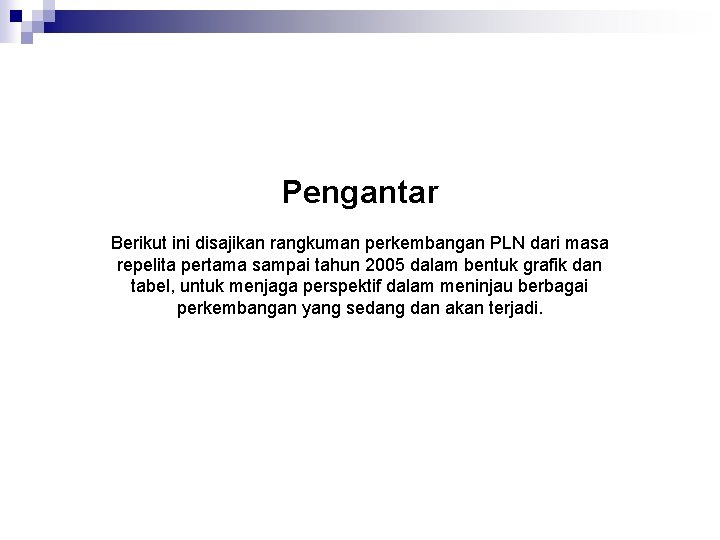 Pengantar Berikut ini disajikan rangkuman perkembangan PLN dari masa repelita pertama sampai tahun 2005