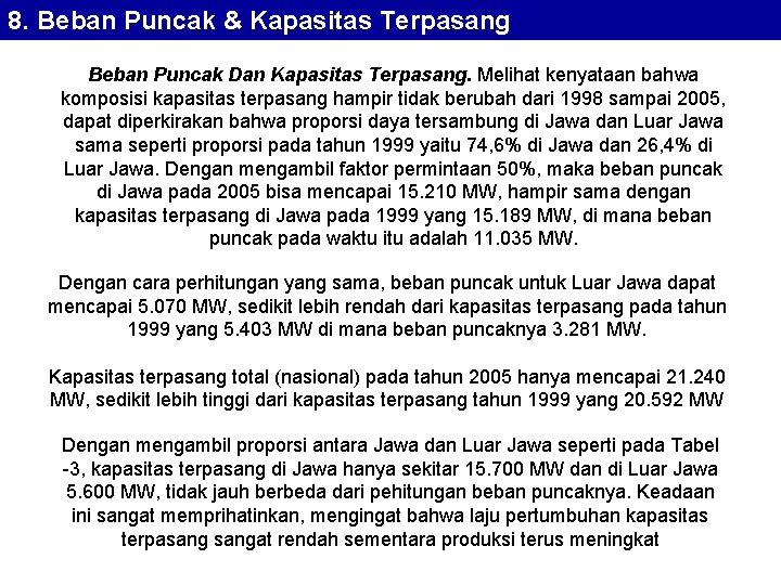 8. Beban Puncak & Kapasitas Terpasang Beban Puncak Dan Kapasitas Terpasang. Melihat kenyataan bahwa