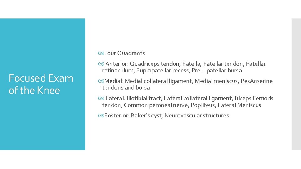  Four Quadrants Focused Exam of the Knee Anterior: Quadriceps tendon, Patellar retinaculum, Suprapatellar
