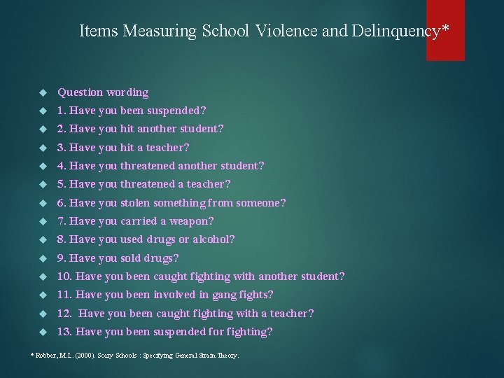 Items Measuring School Violence and Delinquency* Question wording 1. Have you been suspended? 2.