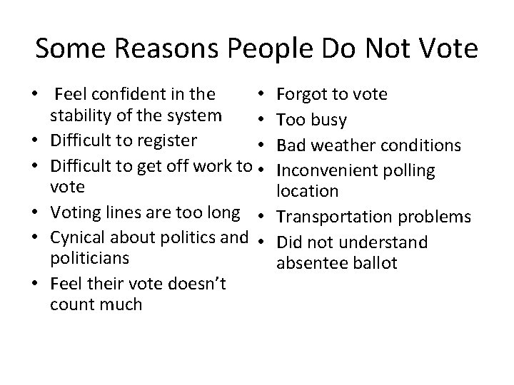 Some Reasons People Do Not Vote • Feel confident in the • stability of