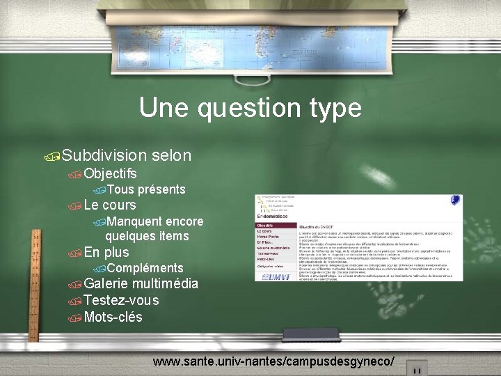 Une question type /Subdivision selon /Objectifs /Tous /Le présents cours /Manquent encore quelques items