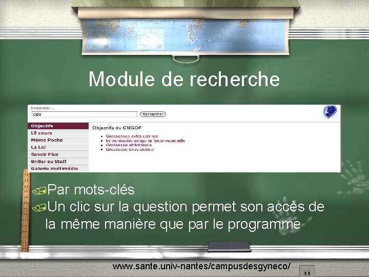 Module de recherche /Par mots-clés /Un clic sur la question permet son accès de