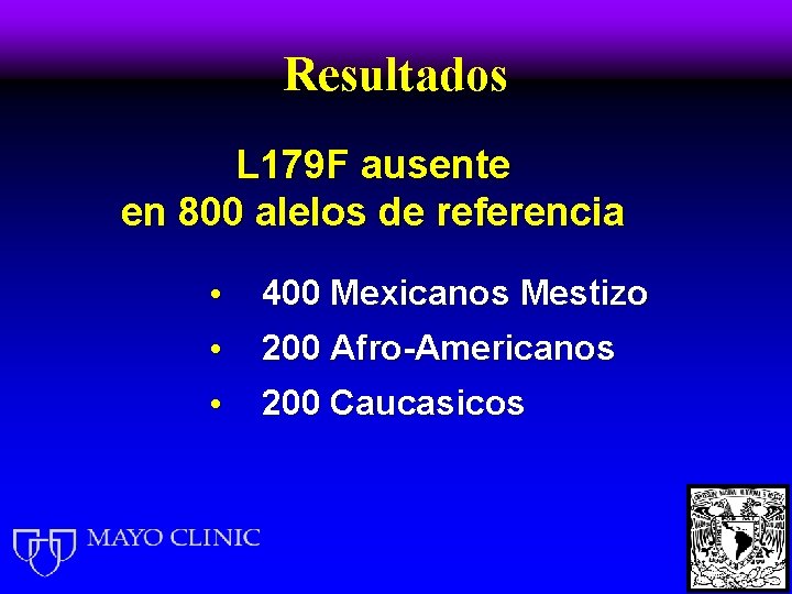 Resultados L 179 F ausente en 800 alelos de referencia • • 400 Mexicanos