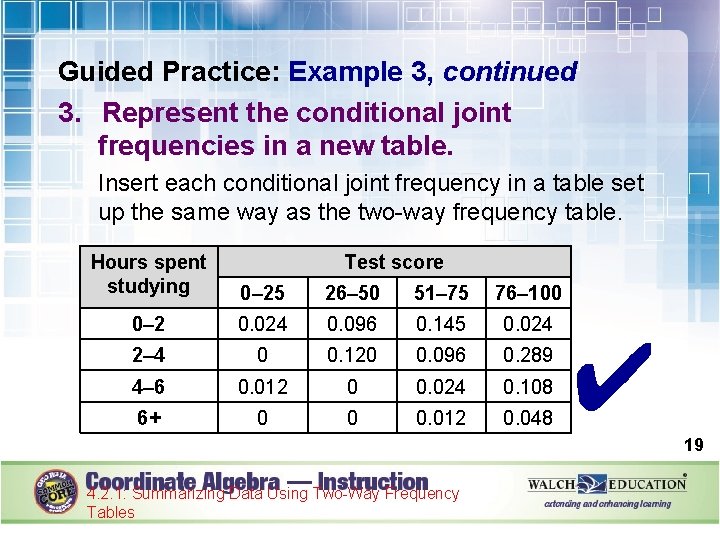 Guided Practice: Example 3, continued 3. Represent the conditional joint frequencies in a new