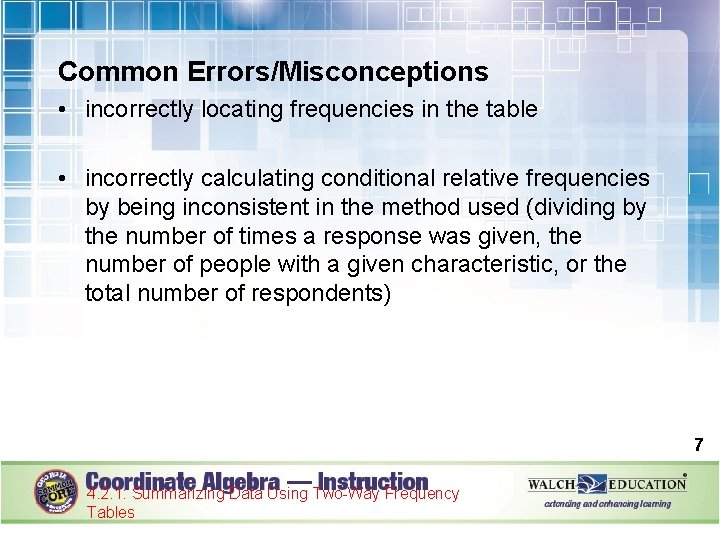 Common Errors/Misconceptions • incorrectly locating frequencies in the table • incorrectly calculating conditional relative