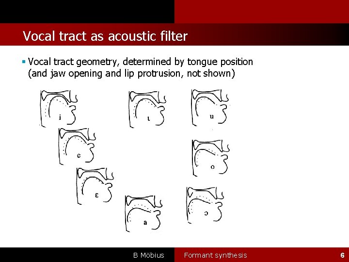 l Vocal tract as acoustic filter Vocal tract geometry, determined by tongue position (and