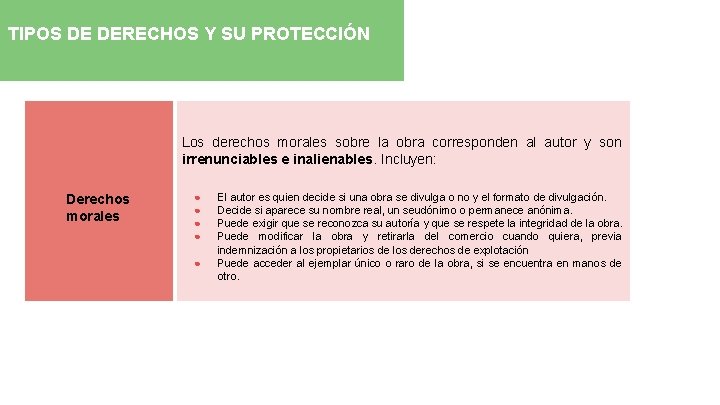 TIPOS DE DERECHOS Y SU PROTECCIÓN Los derechos morales sobre la obra corresponden al