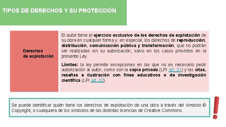 TIPOS DE DERECHOS Y SU PROTECCIÓN Derechos de explotación El autor tiene el ejercicio