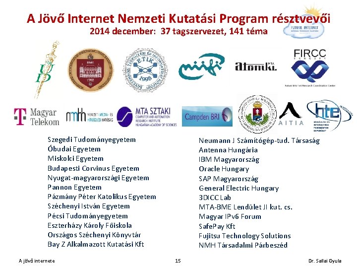 A Jövő Internet Nemzeti Kutatási Program résztvevői 2014 december: 37 tagszervezet, 141 téma Szegedi