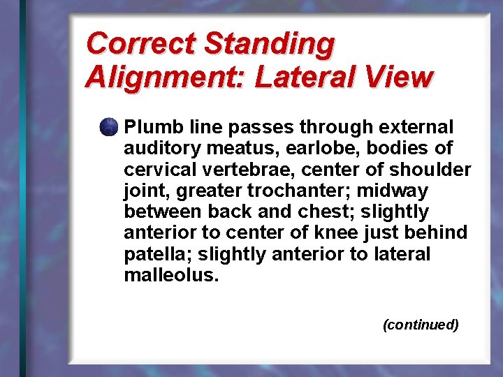 Correct Standing Alignment: Lateral View Plumb line passes through external auditory meatus, earlobe, bodies