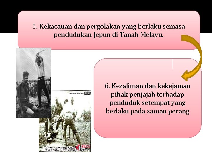 5. Kekacauan dan pergolakan yang berlaku semasa pendudukan Jepun di Tanah Melayu. 6. Kezaliman